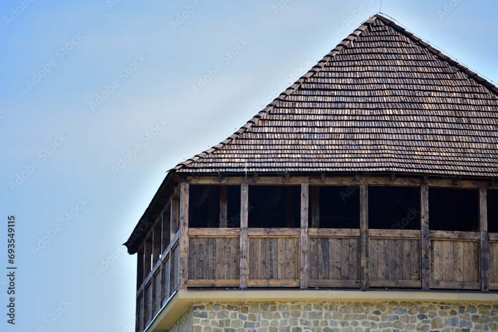 Detail view of the historic wooden tower from the castle