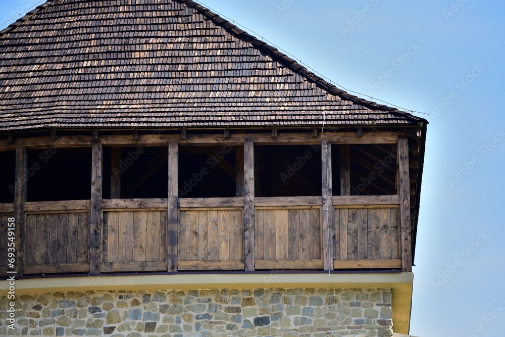 Detail view of the historic wooden tower from the castle