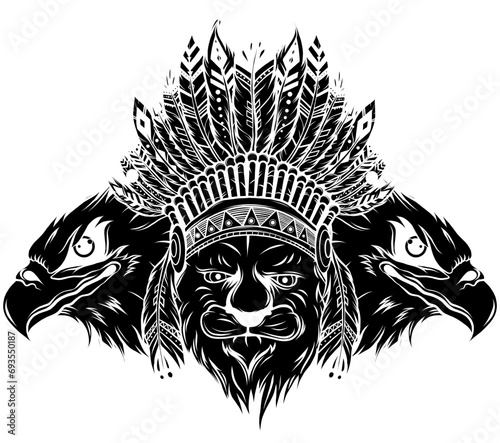vector illustration of a hungry leopard style doodle art in the image of Indian with feathers