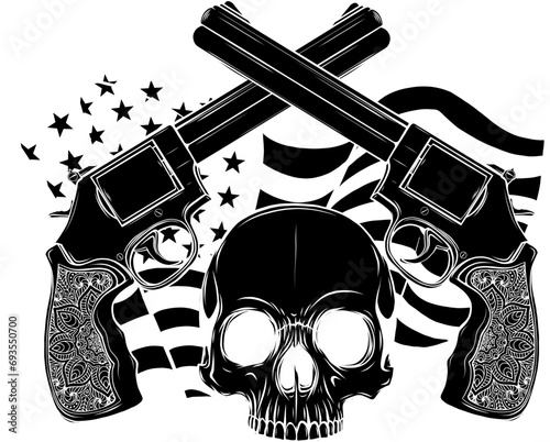vector black silhouette of skull with two revolvers
