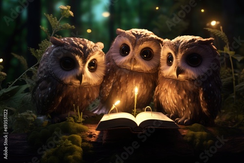 A group of wise owls having a book club in a moonlit forest photo