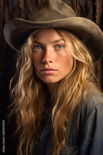 Western Charm: Portrait of a 25-Year-Old Woman with Freckles, Rugged Face, Blond Hair, and Cowboy Hat 