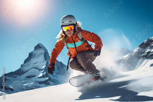 A woman in ski goggles and a helmet goes down the mountain on a snowboard photo