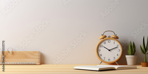 Wooden desktop with alarm clock and notepad in a white room photo