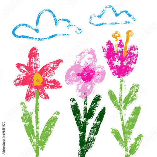 Cute rough kid's drawing flowers set . Hand drawn illustration with color wax crayons texture