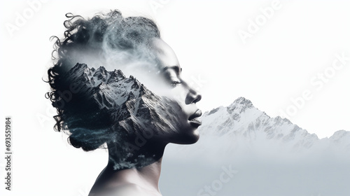 目を瞑った横顔の女性のアップと冬の山脈との二重露光 photo