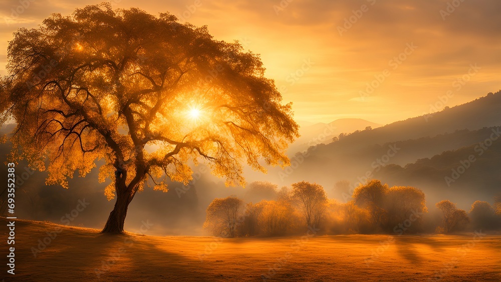 A solitary tree stands ablaze in golden hues, leaves gently cascading in a serene dance. - obrazy, fototapety, plakaty 