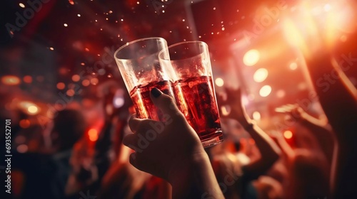 New Year's Eve Party, People holding coke drinks while dancing ,with blurred background