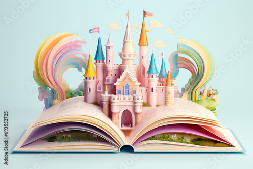 Open book with a fantasy world popping out. A castle illustration over a book. Generative AI. photo