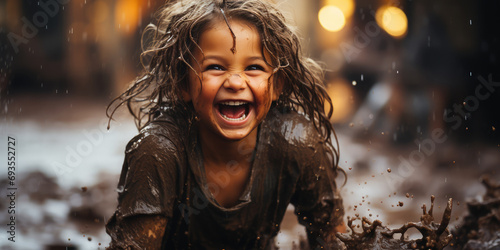 Little kid playing on the mud and having fun