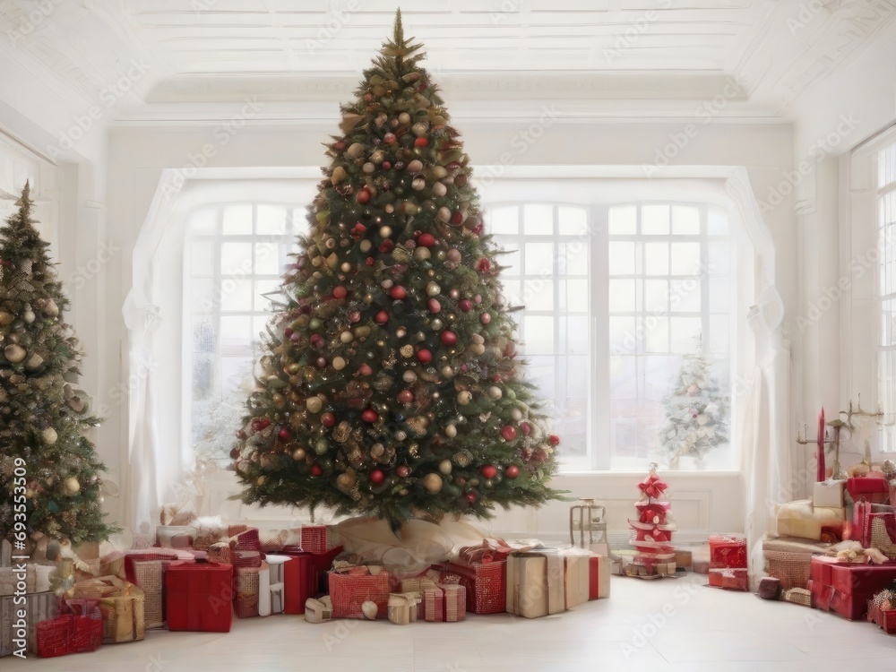 Christmas tree with gifts in a white room with a large window.
