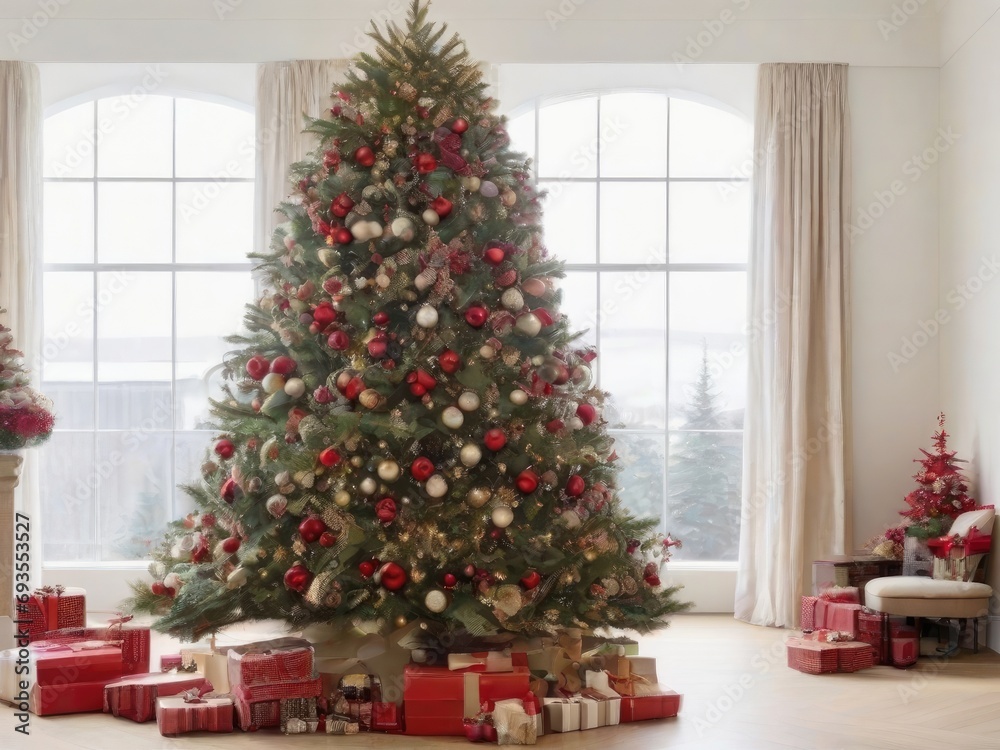 Christmas tree and presents in a bright living room with a large window
