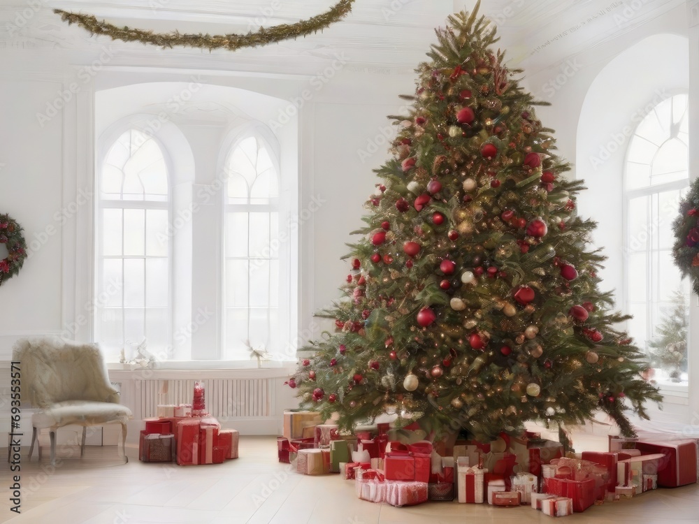 Christmas tree with gifts in a white room with a large windows.
