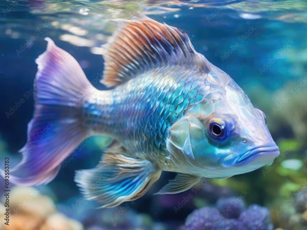 Close up of a fish swimming in an aquarium. Aquarium.
Close up of a fish swimming in an aquarium. Aquarium.