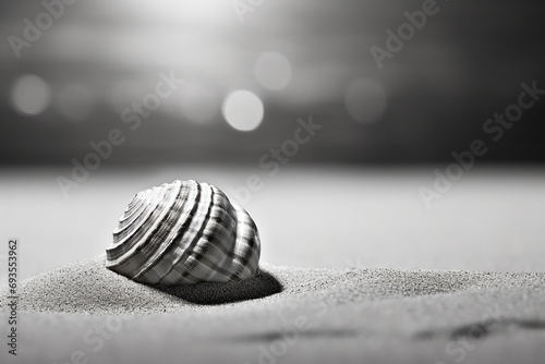 Black and white Minimalist Seashell on sandy beach, Beautiful seashell on beach. AI Generated.