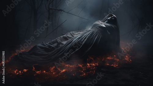 A ghost rising up on dark background, Soul's Exit in a Hyper realistic illustration, background photo wallpaper