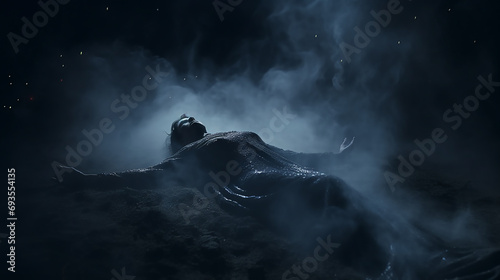 A ghost rising up on dark background, Soul's Exit in a Hyper realistic illustration, background photo wallpaper