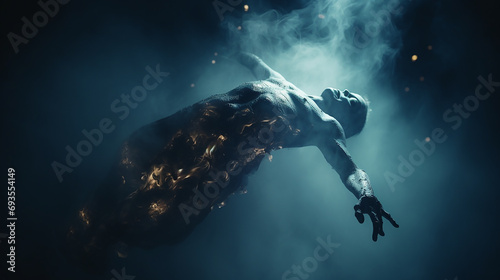 A ghost rising up on dark background, Soul's Exit in a Hyper realistic illustration, background photo wallpaper
