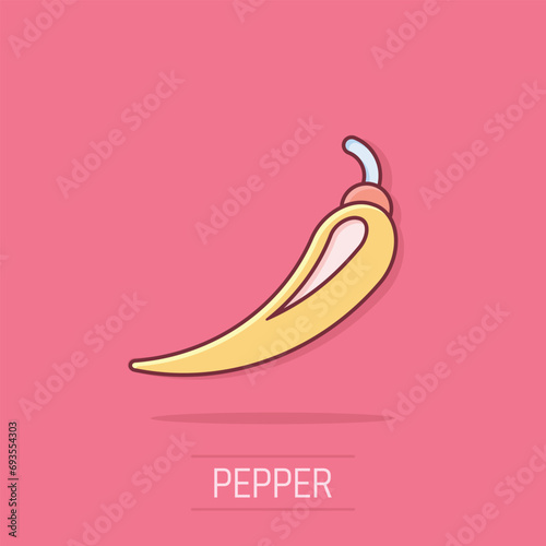 Vector cartoon chili pepper icon in comic style. Spicy peppers concept illustration pictogram. Chili paprika business splash effect concept.