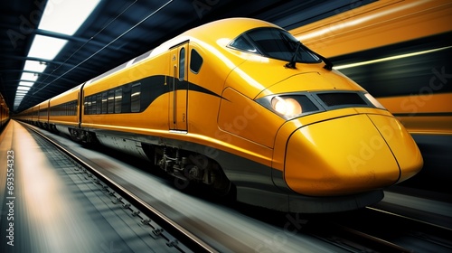 Blurred motion of a sleek high speed train rushing along the tracks with incredible speed