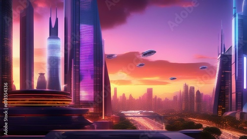 "Create a vibrant and futuristic cityscape at dusk, featuring sleek skyscrapers illuminated by neon lights and a bustling atmosphere. Show flying vehicles zipping through the sky and hints of advanced
