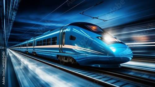 Powerful high speed train racing along the tracks with incredible speed and precision
