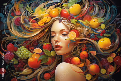 Fruity Beauty, Multilayered Portrait of a Woman Crafted from Fresh Fruits, Foods with women's face concept art style.