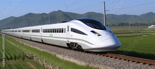 Sleek and futuristic high speed train zooming along the tracks with impressive velocity