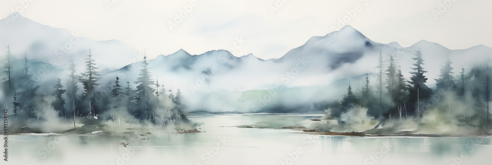 Mountain tops panorama landscape banner. Neutral blue and gray pastel colour. Abstract Misty and Dreamy Rocky Mountain Peaks.