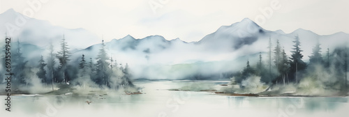 Mountain tops panorama landscape banner. Neutral blue and gray pastel colour. Abstract Misty and Dreamy Rocky Mountain Peaks.