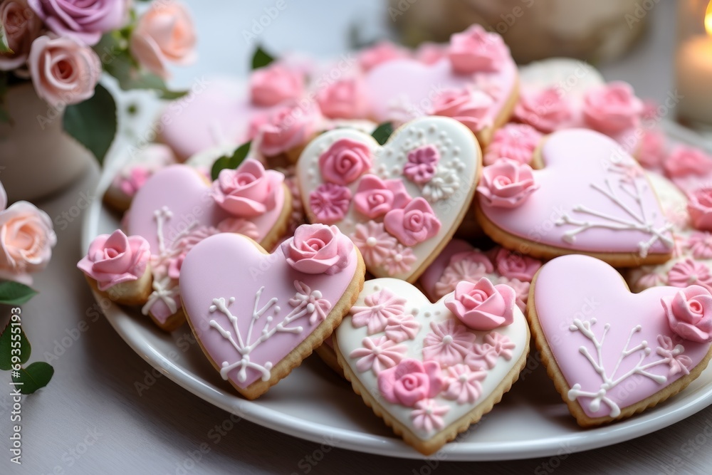 Heart shapes pink cookies decorated for Valentine's day, close-up, selective focus. Heart shapes pink cookies decorated for Valentine's day, close-up, selective focus.