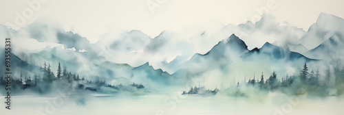 Mountain tops panorama landscape banner. Neutral blue and gray pastel colour. Abstract Misty and Dreamy Rocky Mountain Peaks. photo