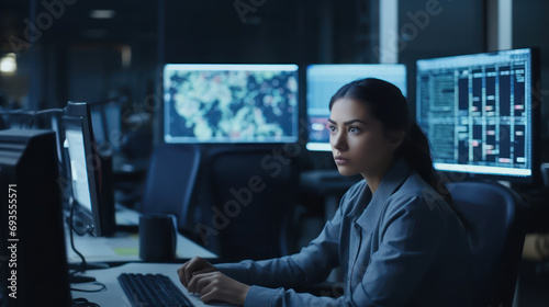 Hispanic Female Senior Data Scientist Reviewing Reports Of Risk Management Department On Big Digital Screen In Monitoring Room. Diverse Consulting Company Employees Working Behind Desktop Computers