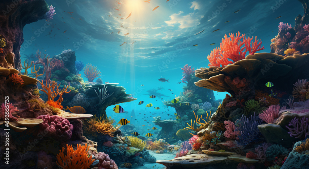 Underwater view of the coral reef. Ecosystem. Life in tropical waters. - obrazy, fototapety, plakaty 