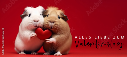Alles Liebe zum Valentinstag, Grußkarte mit deutschem Text - Niedliches Merrschweinchen Päärchen hält rotes Herz , isoliert auf rotem Hintergrund © Corri Seizinger