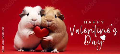 Happy Valentine's Day, Valentines Day, love, celebration concept greeting card with text - Cute guinea pig couple holding a red heart , isolated on red background © Corri Seizinger
