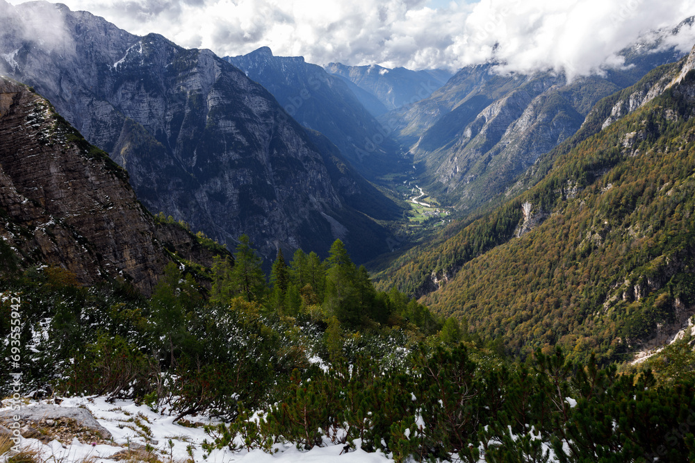Panorama of Trenta Valley From Kriski Podi Hiking Travel Destination On Snowy Autumn Day