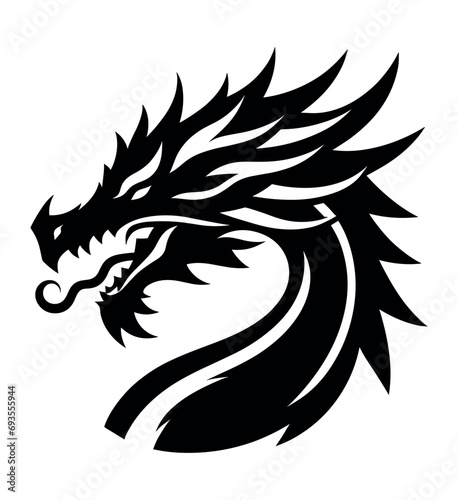 Traditional Chinese Dragon head vector illustration logo and tattoo template silhouette outline graphic isolated on white background.
