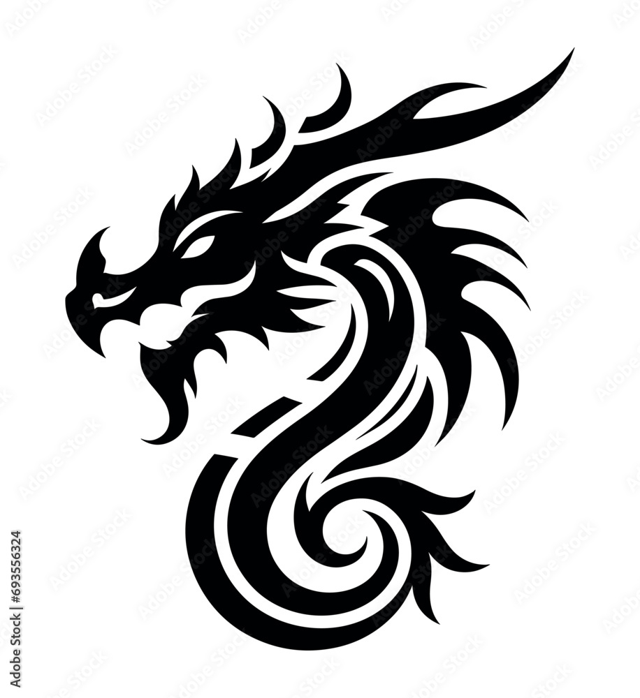 Dragon head tattoo and logo template vector illustration silhouette outline graphic isolated on white background.