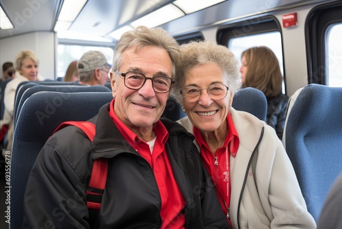 Happy elderly couple traveling by bus on blurred defocused background with space for text placement