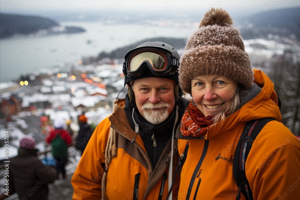 Happy senior couple enjoying skiing at ski resort with blurred background and copy space