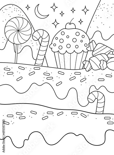 A sweet landscape, a world of sweets. Background, coloring page, black and white vector illustration.