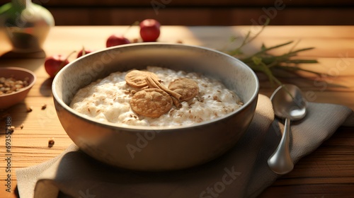 Bowl with tasty oatmeal on a wooden table, closeup. Healthy breakfast