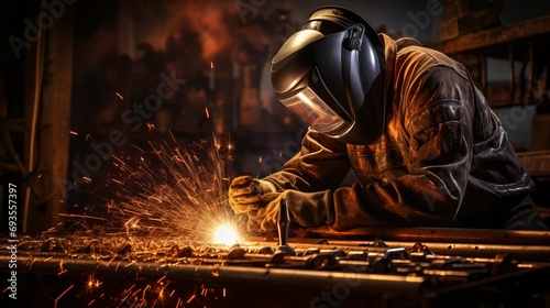 Experienced worker performing precise welding with an arc welder, creating sparks and melting metal