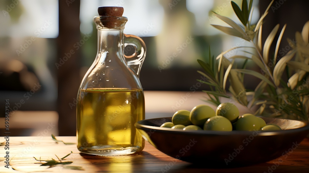Olive oil and olives in a bowl on a wooden table Olive oil and olives in a bowl on a wooden table