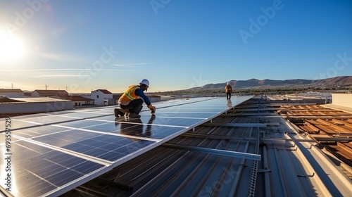 Efficient engineer ensuring solar panel performance at a renewable energy power plant photo