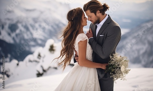 Coppia di sposi, sanciscono il loro amore in montagna sulla neve, bacio, paesaggio suggestivo, montagne innevate photo