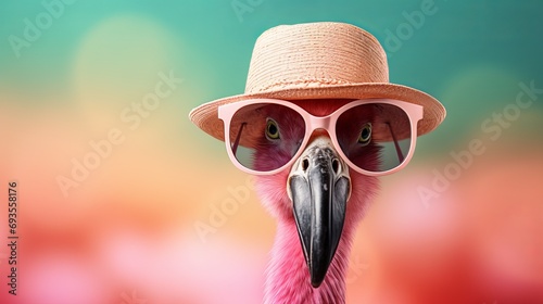 stylish pink flamingo wearing hat and sunglasses in studio shot with blurred defocused background © Ilja