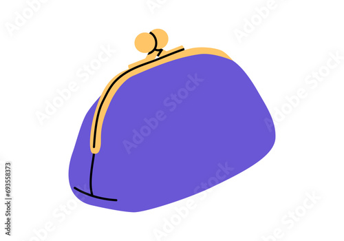 Hand drawn cute cartoon illustration of coin purse. Flat vector money wallet sticker in colored doodle style. Shopping or payment icon or print. Pouch for cash. Monetary savings. Isolated.