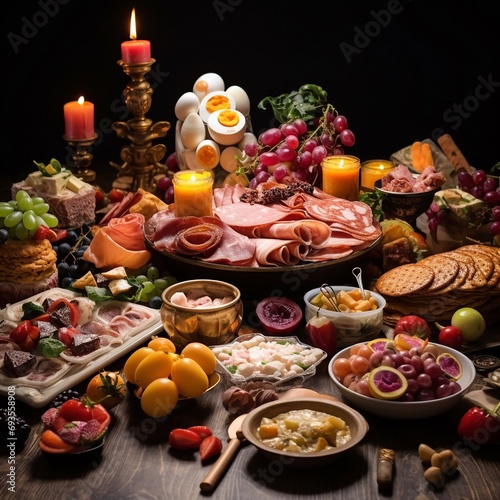 Obraz na płótnie Tavola imbandita con cibo di ogni genere, festività, abbondanza